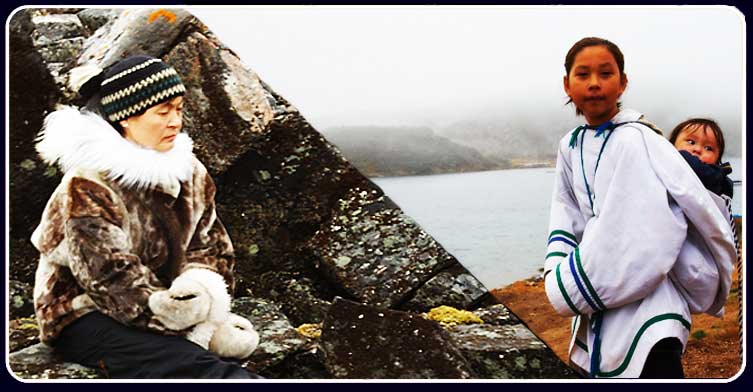 A collage of an elder sitting on some rocks and a youth carrying a sibling on her back. Welcome to the Nanisiniq Inuit Qaujimajatuqangit... The IQ Adventure !