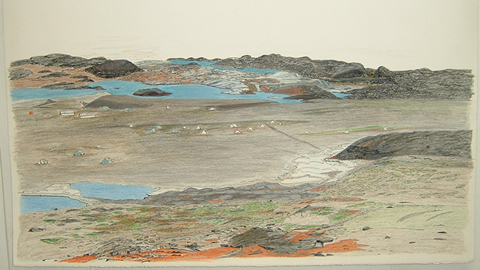 A print of a panoramic landscape created by Siassie